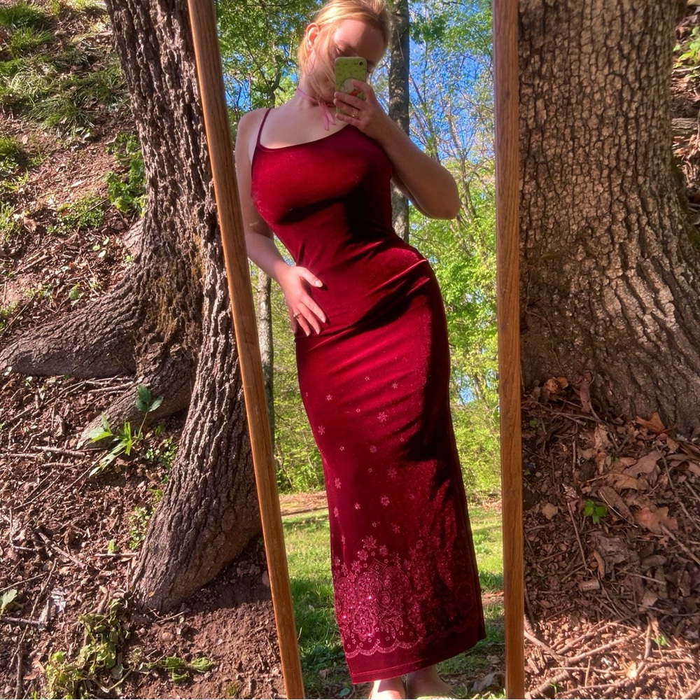 Whimsygoth Vintage SPARKLING RED VELVET PROM DRESS maxi bodycon dress prom go